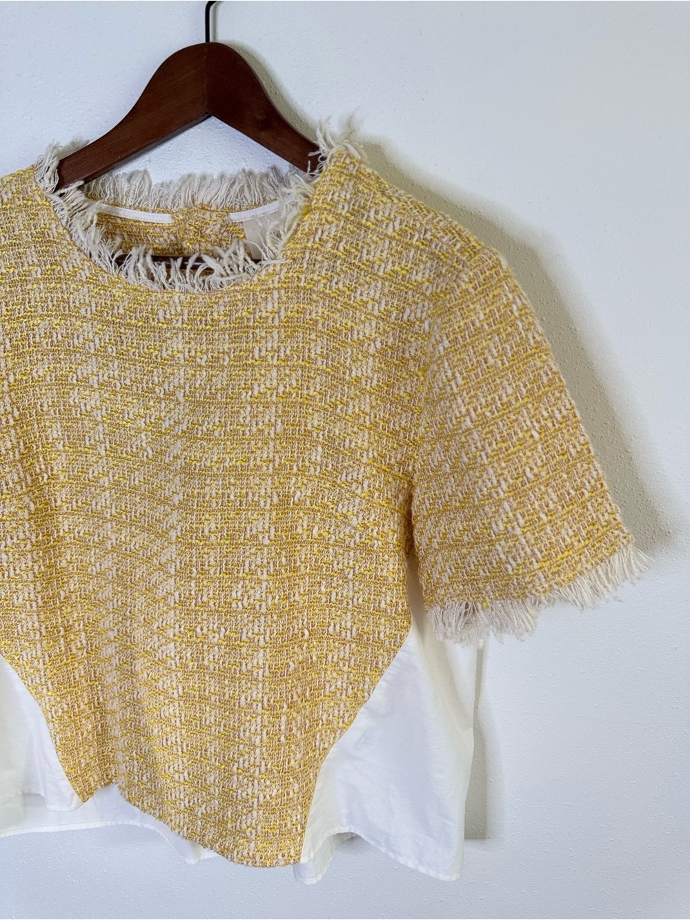 Maeve Anthropologie Tweed Top Yellow Fringe Blouse Size L NWT - Picture 2 of 8